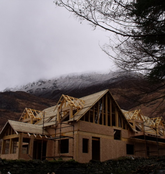 Arnisdale timber frame and roof trusses under construction